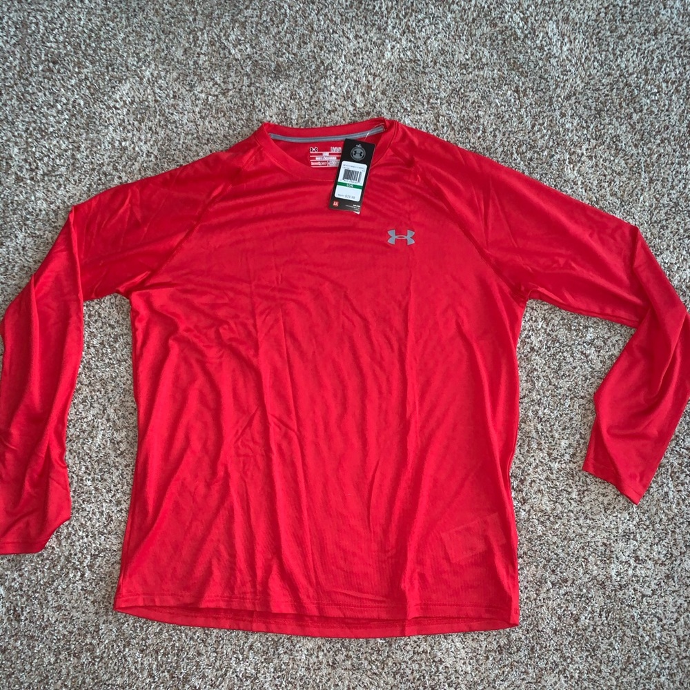 Red Long Sleeve UA HG Tech Tee With Grey Logo